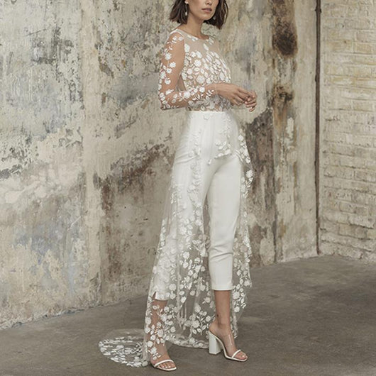 Jumpsuit Elegante de Encaje Transparente con Mangas Largas y Capa Superpuesta - Image 4