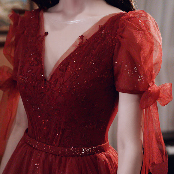 Vestido de Banquete Rojo Vino con Temperamento Elegante para Mujer