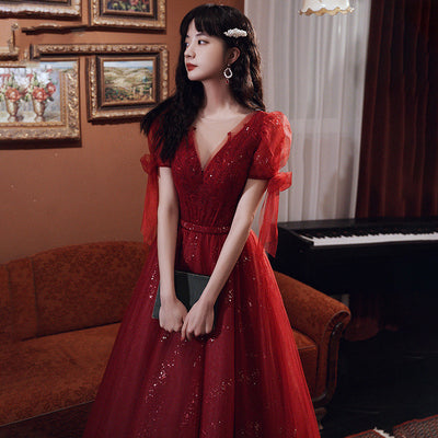 Vestido de Banquete Rojo Vino con Temperamento Elegante para Mujer - Image 5