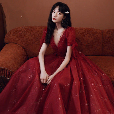 Vestido de Banquete Rojo Vino con Temperamento Elegante para Mujer - Image 3