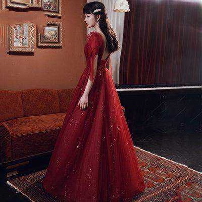 Vestido de Banquete Rojo Vino con Temperamento Elegante para Mujer - Image 4