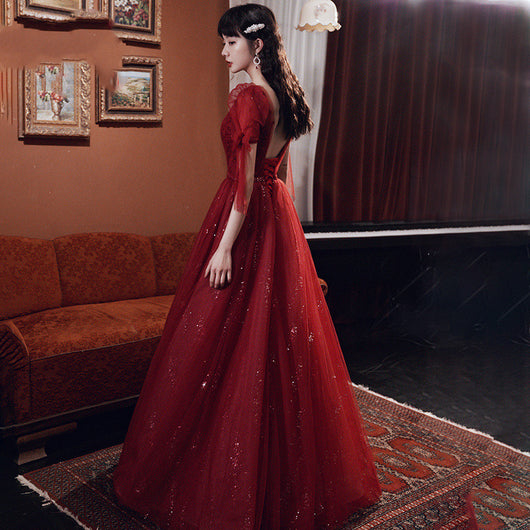 Vestido de Banquete Rojo Vino con Temperamento Elegante para Mujer - Image 4