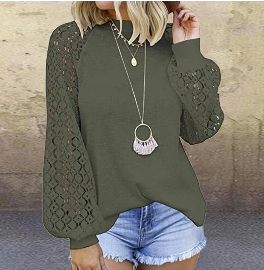 Blusa de Encaje con Cuello Redondo y Mangas Largas para Mujer - Image 6
