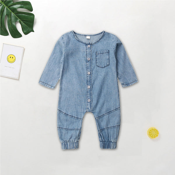 Enterizo Denim con Costuras Contrastantes y Mangas Largas