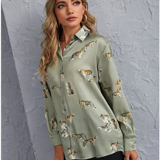 Blusa Estampada con Patrón de Tigre de Manga Larga para Mujer - Image 7