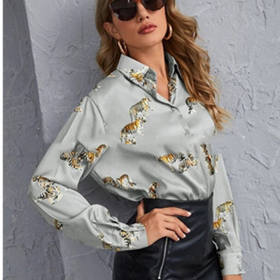 Blusa Estampada con Patrón de Tigre de Manga Larga para Mujer - Image 9