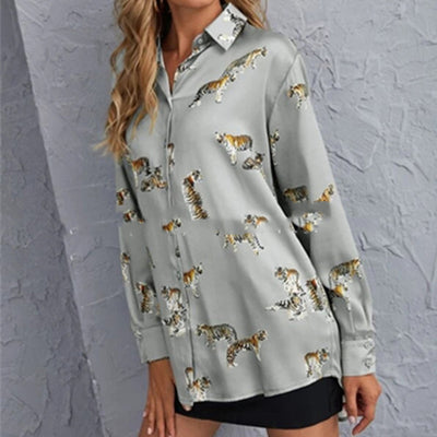 Blusa Estampada con Patrón de Tigre de Manga Larga para Mujer - Image 10