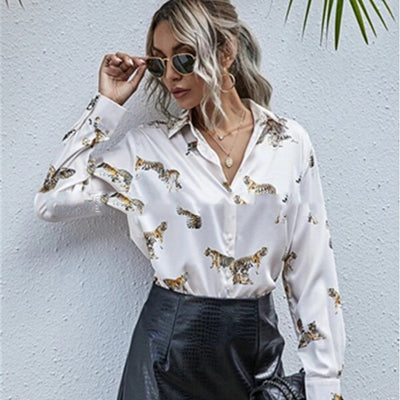 Blusa Estampada con Patrón de Tigre de Manga Larga para Mujer - Image 8