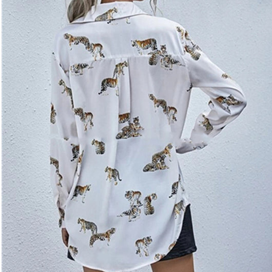 Blusa Estampada con Patrón de Tigre de Manga Larga para Mujer - Image 4