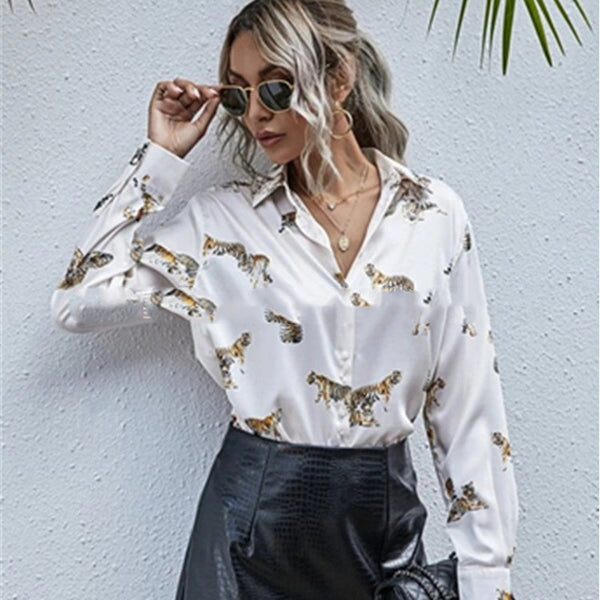 Blusa Estampada con Patrón de Tigre de Manga Larga para Mujer