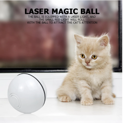 White automatic pet laser ball with a red LED light, held in a hand, designed to attract a cat's attention. - Image 9