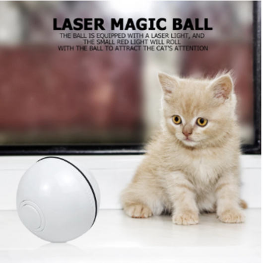 White automatic pet laser ball with a red LED light, held in a hand, designed to attract a cat's attention. - Image 9