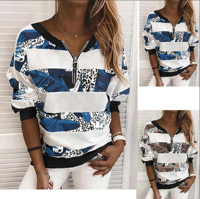 Playera Suelta Manga Larga con Estampado y Cierre V-Tie Ajustado