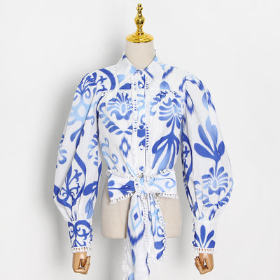 Blusa con Cuello de Solapa y Mangas Linterna + Falda Corta Cintura Alta - Image 9