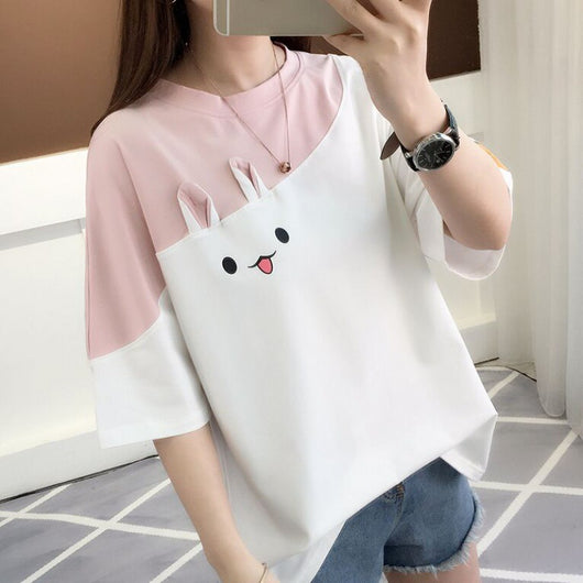 Camiseta Mujer con Conejo Bordado - Manga Corta