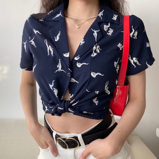 Blusa Estampada de Solapa Manga Corta para Mujer Holgada - Image 8