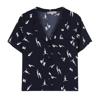 Blusa Estampada de Solapa Manga Corta para Mujer Holgada - Image 11