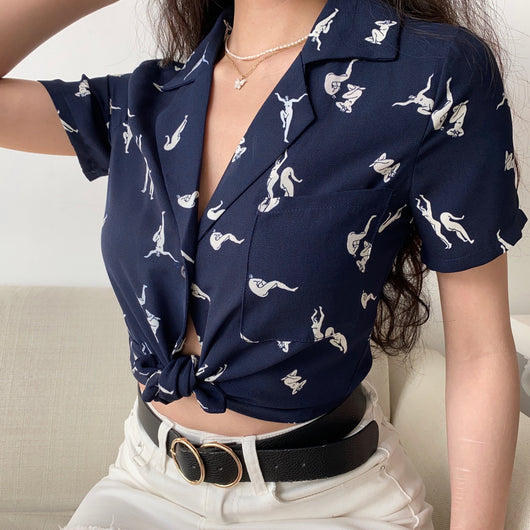 Blusa Estampada de Solapa Manga Corta para Mujer Holgada - Image 4