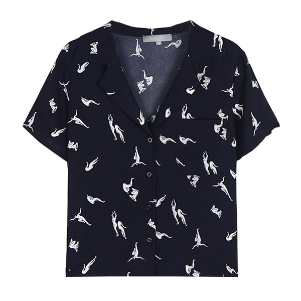 Blusa Estampada de Solapa Manga Corta para Mujer Holgada