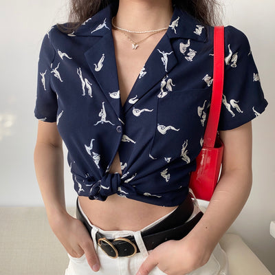 Blusa Estampada de Solapa Manga Corta para Mujer Holgada - Image 5