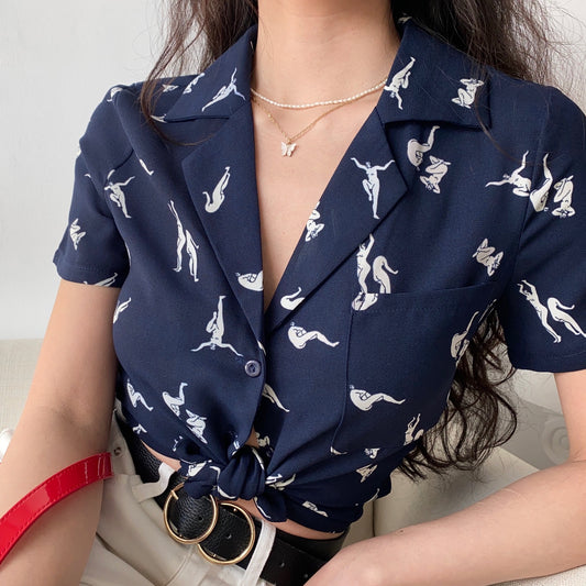 Blusa Estampada de Solapa Manga Corta para Mujer Holgada