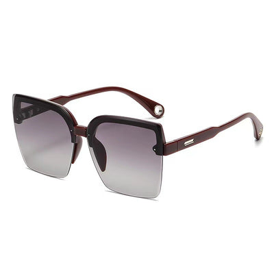 Brown rimless square sunglasses with gradient grey-pink lenses and cream temples with gold-tone accents. - Image 12