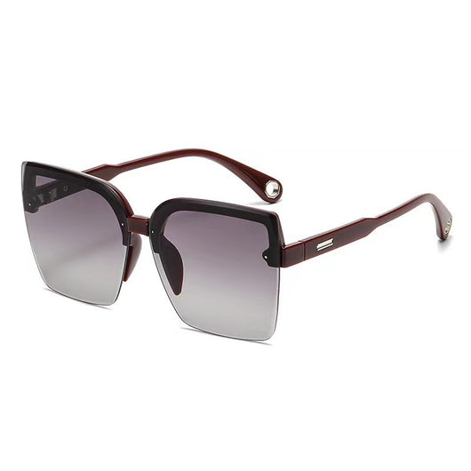 Brown rimless square sunglasses with gradient grey-pink lenses and cream temples with gold-tone accents. - Image 12