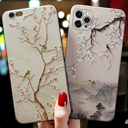 Funda para iPhone en Relieve con Diseño Artístico de Flores y Aves - Image 10
