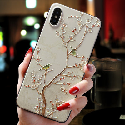 Funda para iPhone en Relieve con Diseño Artístico de Flores y Aves