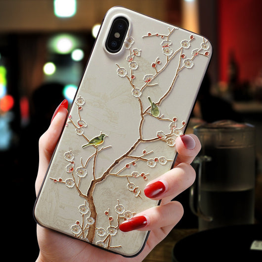 Funda para iPhone en Relieve con Diseño Artístico de Flores y Aves