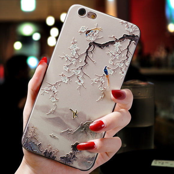 Funda para iPhone en Relieve con Diseño Artístico de Flores y Aves
