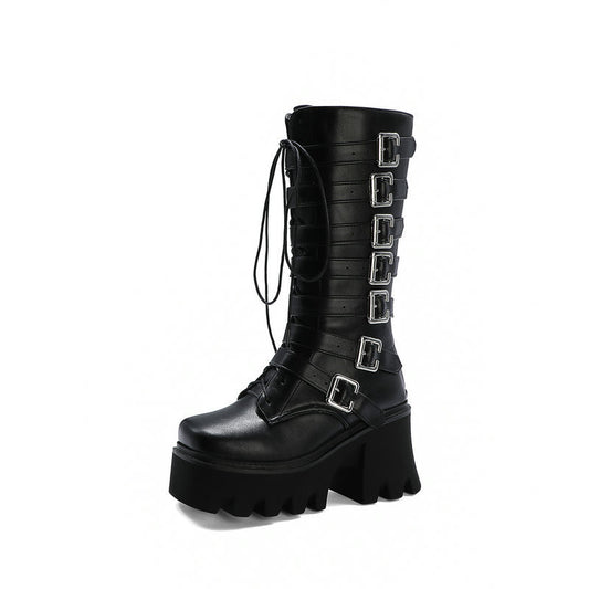 Botas Altas de Tacón Grueso para Mujer con Cierre de Cordones y Hebilla