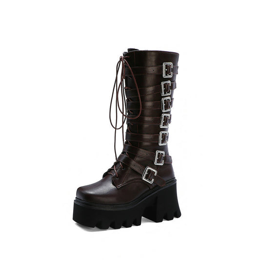 Botas Altas de Tacón Grueso para Mujer con Cierre de Cordones y Hebilla - Image 2