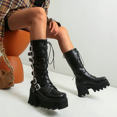 Botas Altas de Tacón Grueso para Mujer con Cierre de Cordones y Hebilla - Image 5
