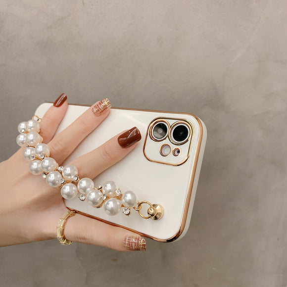 Funda iPhone con Cadena de Perlas Electrochapadas - Compatible con iPhone 12, 11, Pro Max y X