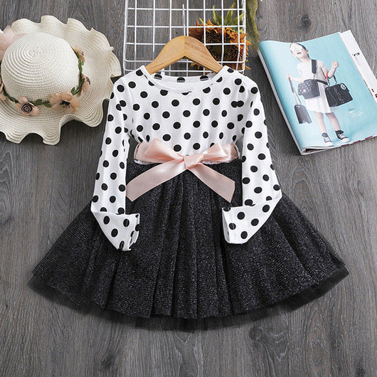 Vestido Infantil de Tul con Lunares Británicos y Mangas Largas