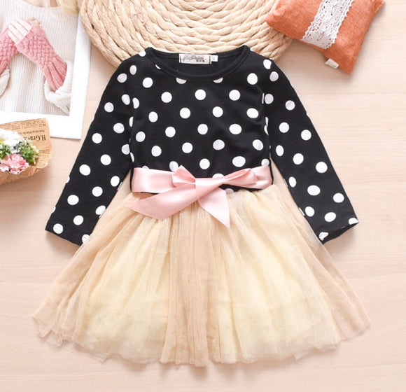 Vestido Infantil de Tul con Lunares Británicos y Mangas Largas