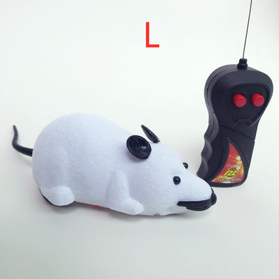 White remote control cat toy mouse with black ears and tail, next to a black remote control with red buttons. - Image 9