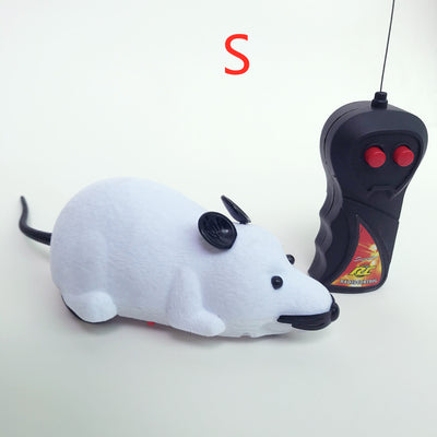 White remote control cat toy mouse with black ears and tail, next to a black remote control with red buttons. - Image 10