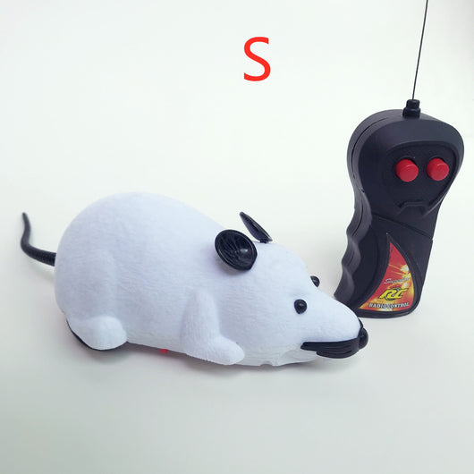 White remote control cat toy mouse with black ears and tail, next to a black remote control with red buttons. - Image 10