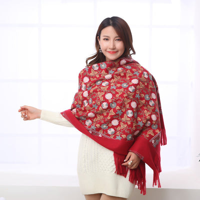 Pashmina Bordada de Cachemira con Flecos Gruesos - Abrigo Elegante y Cálido