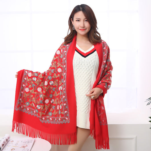 Pashmina Bordada de Cachemira con Flecos Gruesos - Abrigo Elegante y Cálido - Image 2