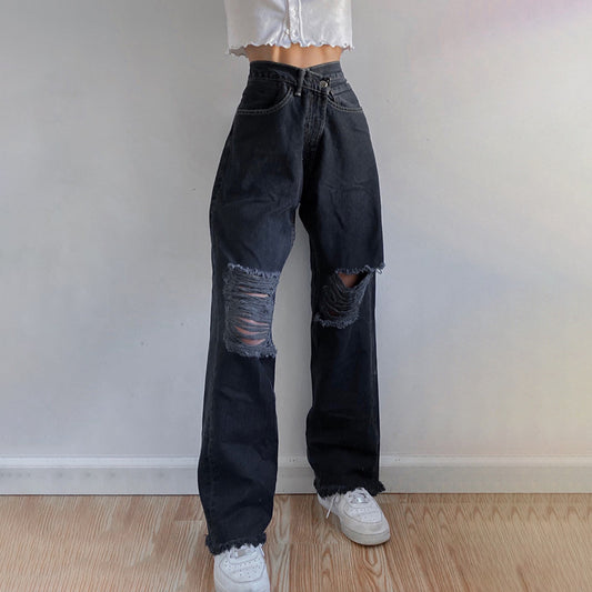 Jeans Cintura Alta Rectos con Desgarre - Efecto Adelgazante