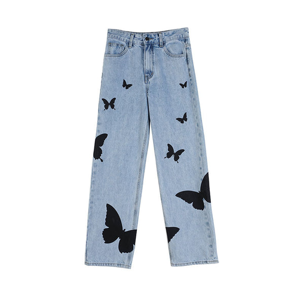 Pantalones Jeans Rectos Mariposa en Tonos Claros - Pierna Ancha