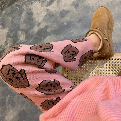 Pantalones Tejidos Estampado Cachorro Rosa con Borlas