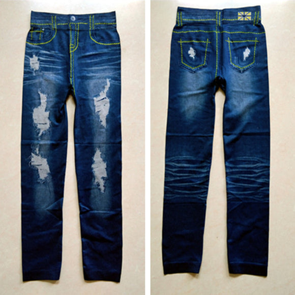 Leggings Tipo Denim con Hilo Grueso y Agujeros Grandes