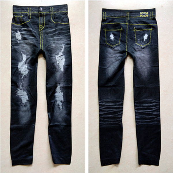 Leggings Tipo Denim con Hilo Grueso y Agujeros Grandes