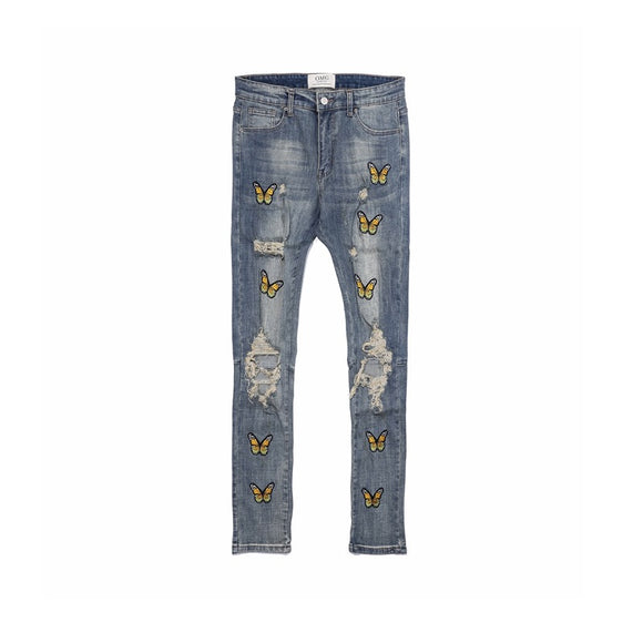 Jeans Slim Fit con Bordado de Mariposas y Detalles Desgastados