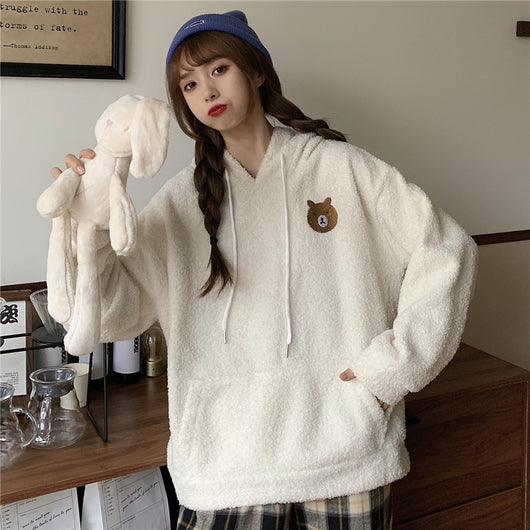 Sudadera con Capucha de Terciopelo de Cordero Grueso Bordada con Osito para Otoño e Invierno Talla Grande - Image 10