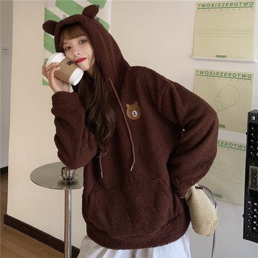 Sudadera con Capucha de Terciopelo de Cordero Grueso Bordada con Osito para Otoño e Invierno Talla Grande - Image 2